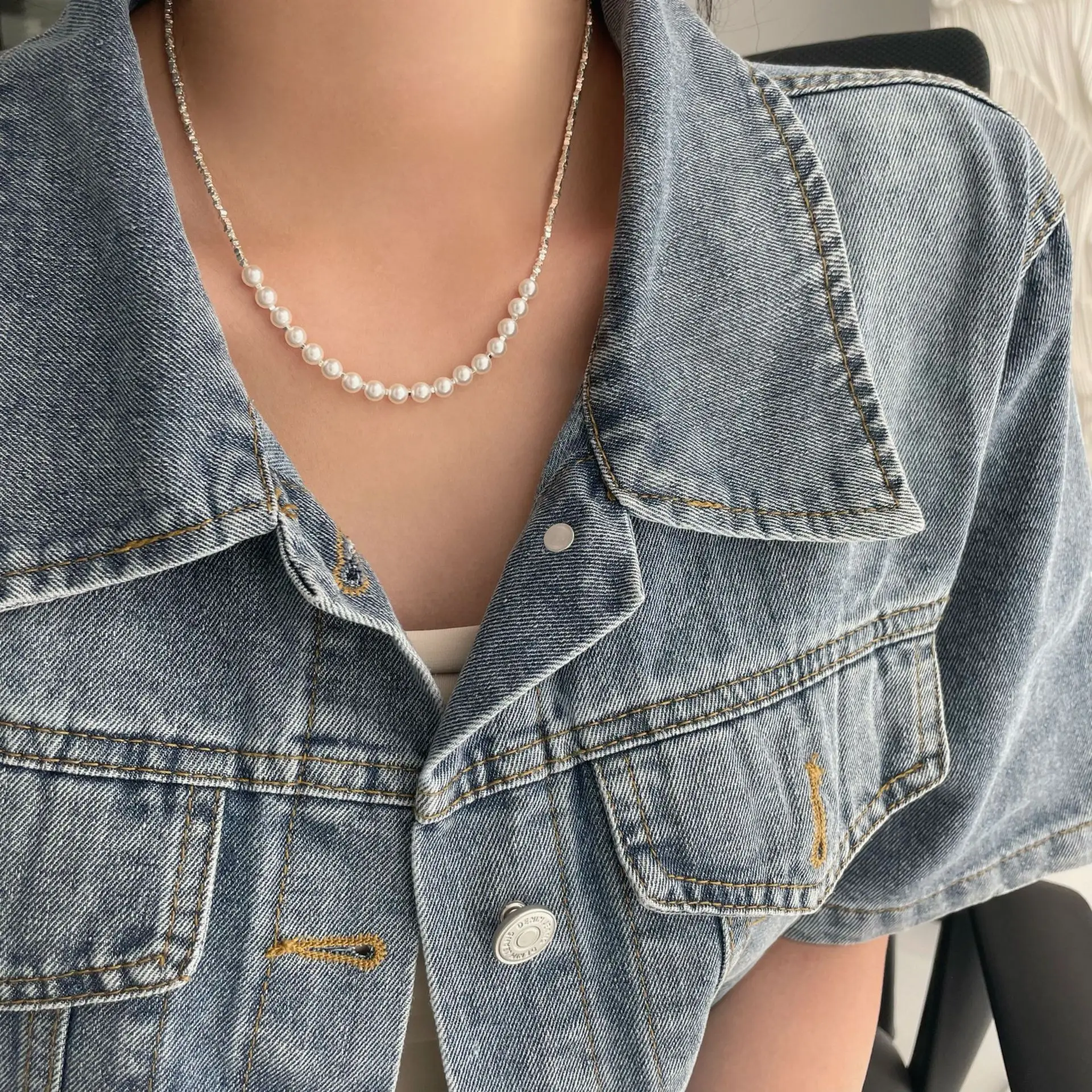 

French S925 pure silver pearl broken silver necklace women's jewelry light luxury ins romantic necklace collarbone chain