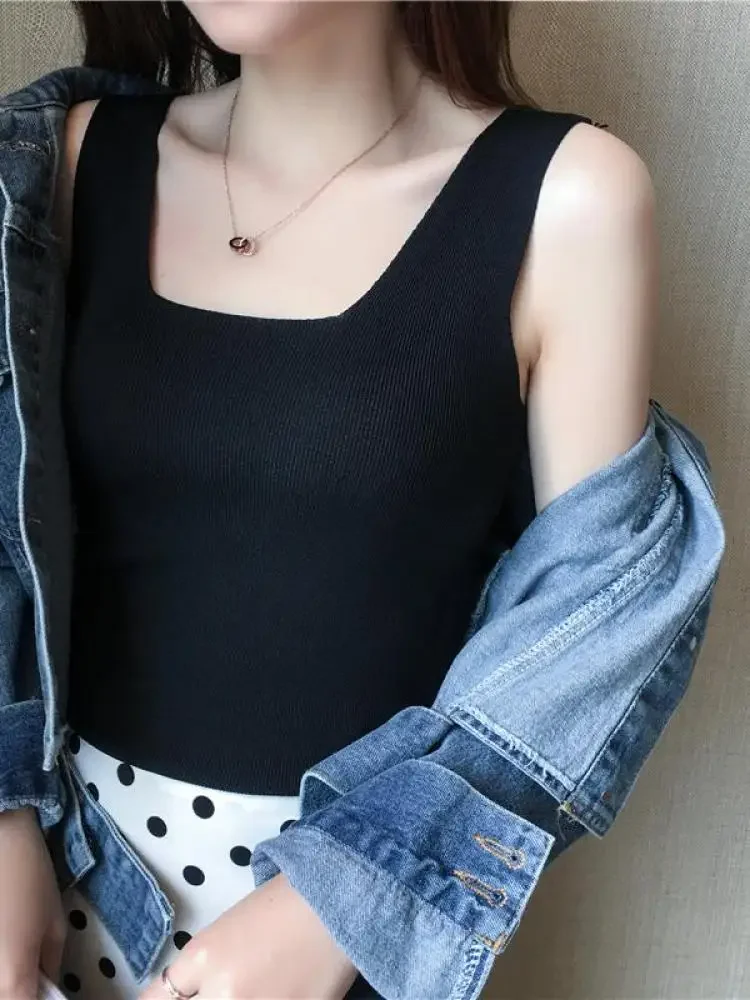 

Высококачественная шикарная базовая летняя белая вязаная женская майка с U-образным вырезом, сексуальная футболка без рукавов, повседневный укороченный топ, футболка