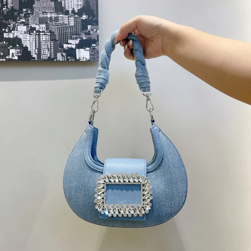 Meia lua sacos de noite para mulheres bolsas de designer de luxo e bolsas 2023 novo em denim incrustado imitação diamante decoração pano bolsa ombro alta qualidade Frete grátis Envio rápido chega