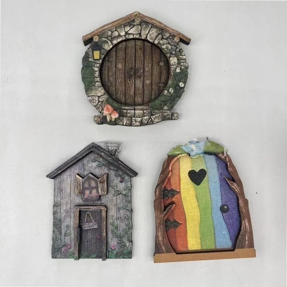 Garden Ornaments  Cute mini House Doors  Fairys Dwarf Tree Door Window Statue Fairytales Decoration Creative Pastoral Wooden