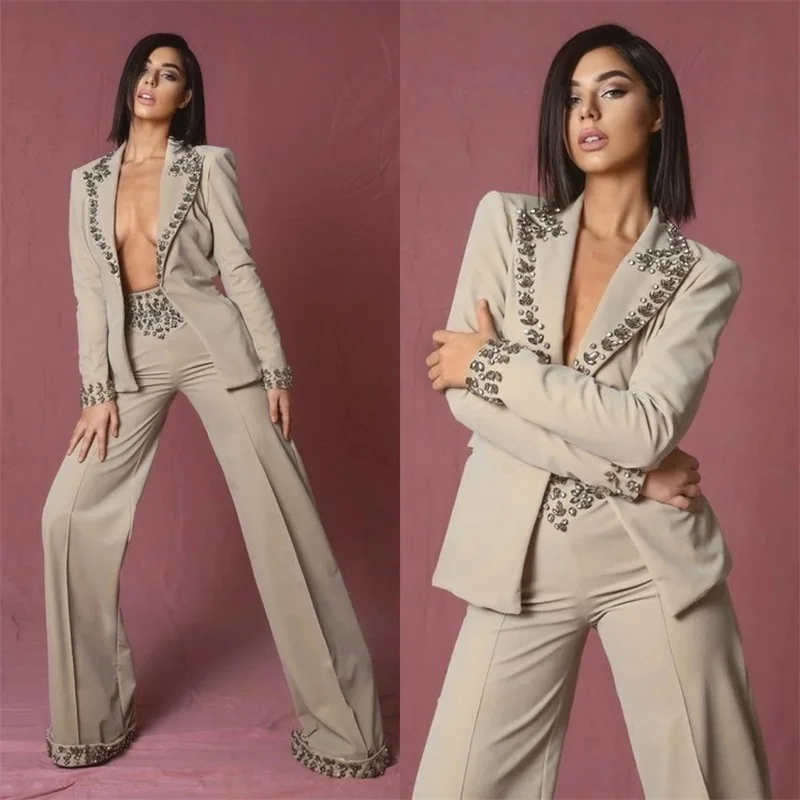 Luxus Frauen Anzug Set Kristall Perlen Blazer + Hosen 2 Stück Formale Büro Hochzeit Smoking Prom Kleid Nach Maß Jacke mantel