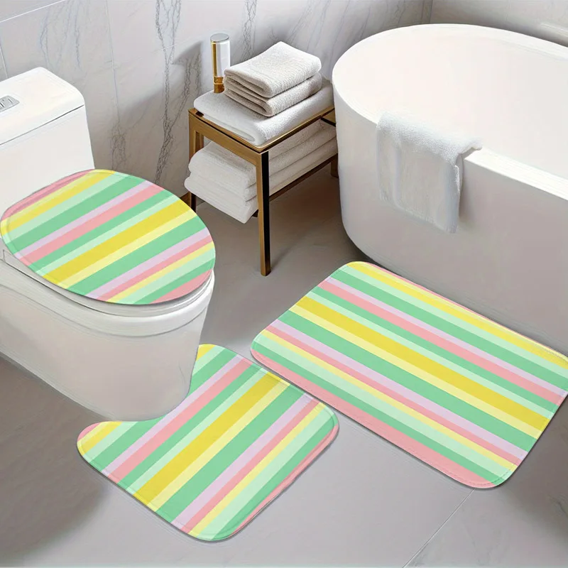

Набор для ванной с цветными полосками: коврик, чехол на крышку унитаза и U-образный коврик, мягкий фланелевый, нескользящий, машинная стирка, для декора ванной комнаты