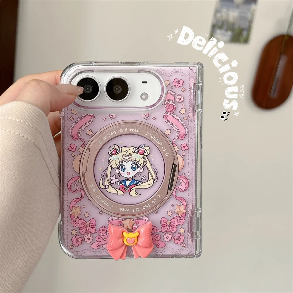Korea Fashion Cute Moon Magnetic Rotating Bracket Phone Case For iPhone Duo Kawaii Bowknot Hard Protective Cover For Magsafe