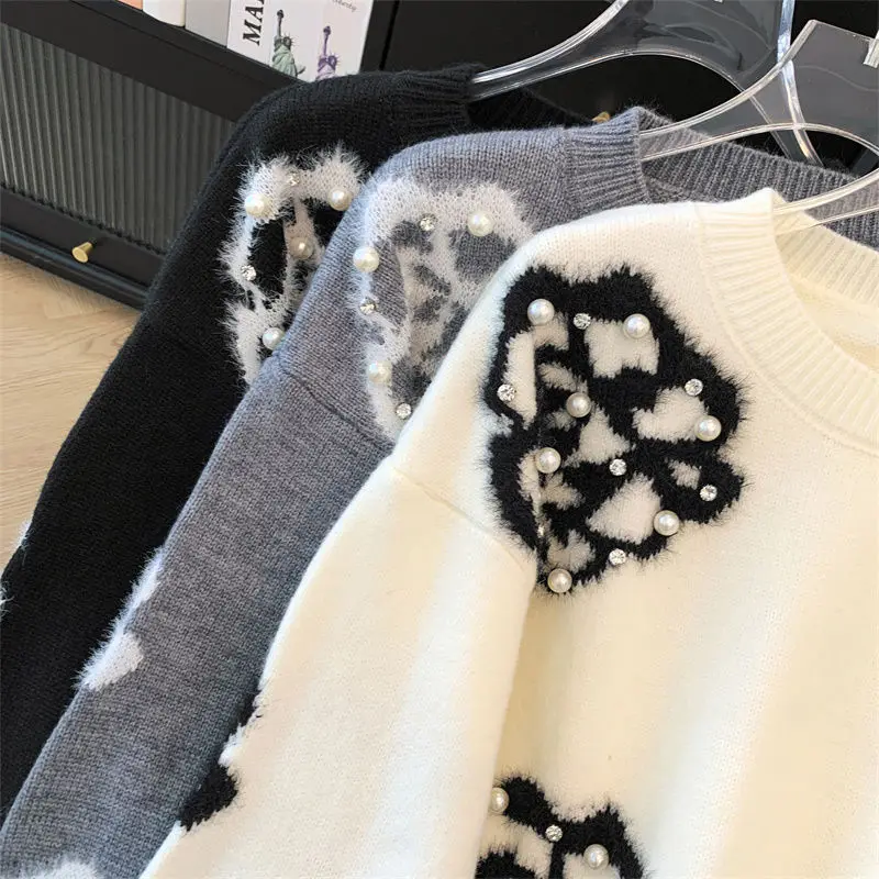 

Kimotimo винтажный свитер с цветочной вышивкой и бисером, женский осенне-зимний свободный пуловер с круглым вырезом и длинными рукавами, модные вязаные топы