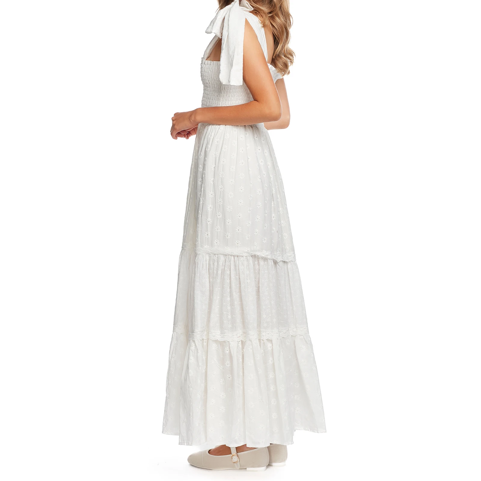 Women’s Tie Shoulder Dress Summer Sleeveless Square Neck Eyelet Dress Long Smocked Dress