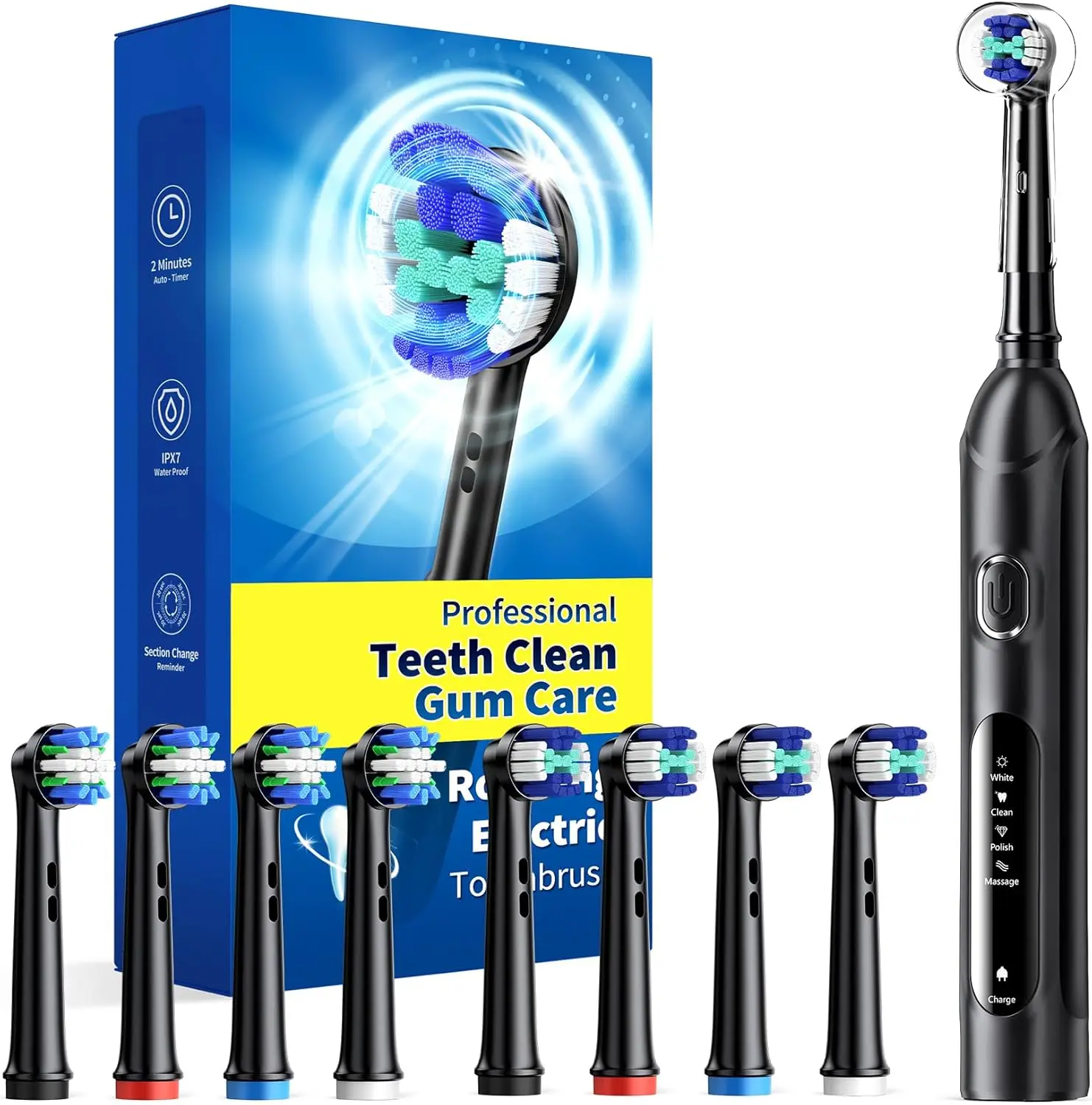 

Rotating Electric Toothbrush for Adults with 8 Brush Heads, 4 Modes Deep Clean, Rechargeable, 2 Min Timer (Black)
