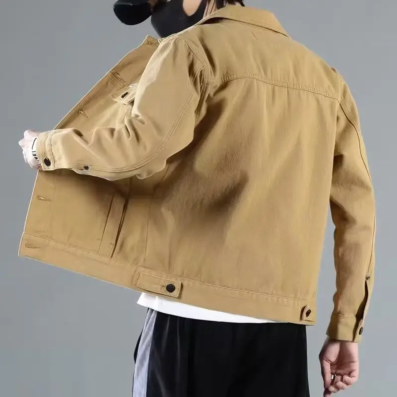 

Подростковая мужская джинсовая куртка, весенне-осенняя модная свободная рабочая одежда с воротником цвета хаки, куртка-стойка, молодежный полиэстер