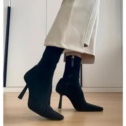 Calzini elastici da donna con punta a punta stivali corti cerniere laterali alla moda stivaletti alla caviglia Slim tacco alto autunno inverno scarpe a spillo da donna