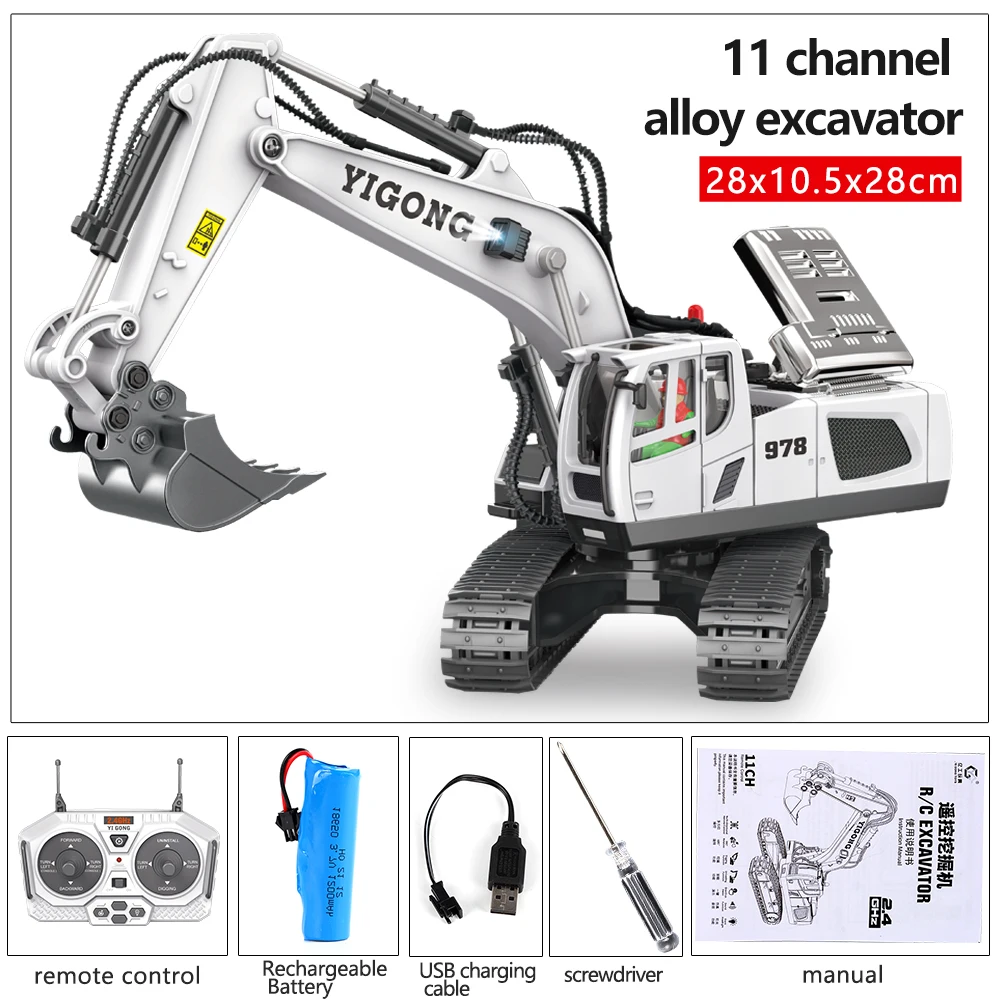 Excavadora Teledirigido para Niños - RC 2,4 GHz Juguete Excavadora con Luz Humo y Sonido, Juguete Construcción Regalo Cumpleaños para Niños de 3 4 5 6 7 8 años