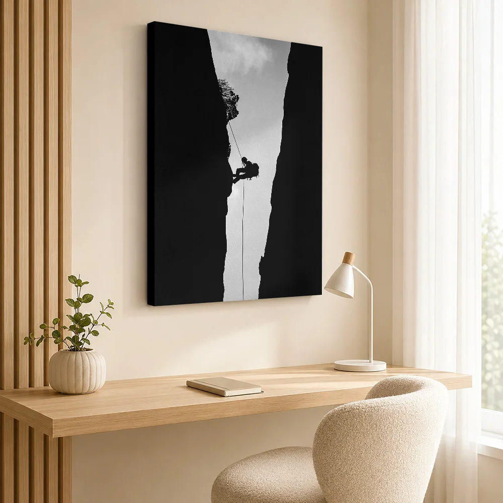 Silhouette of a rappeller descending a canyon Canvas Print Poster Personalized Photo Sports Portrait Wall Art for Office Decor