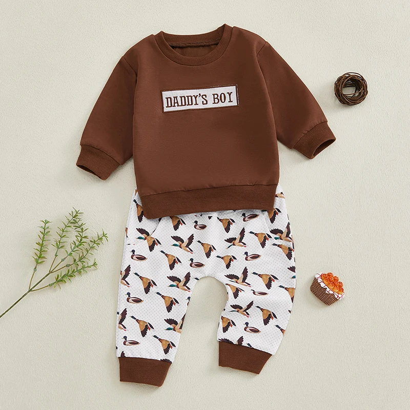 Baby Boy 2Pcs Fall Outfit Long Sleeve Letter Sweatshirt Duck Print Pants Set Toddler Clothes