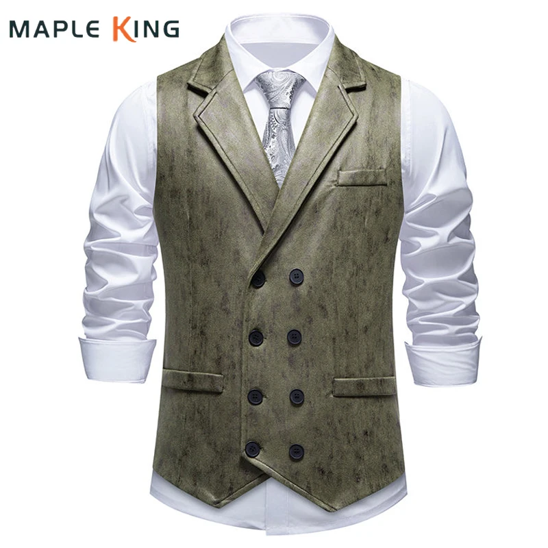 Double-breasted Designer Men Vests Suede Print Chaleco Vintage Steampunk Clothing Waistcoat Man Formal Sleeveless Suits Jackets