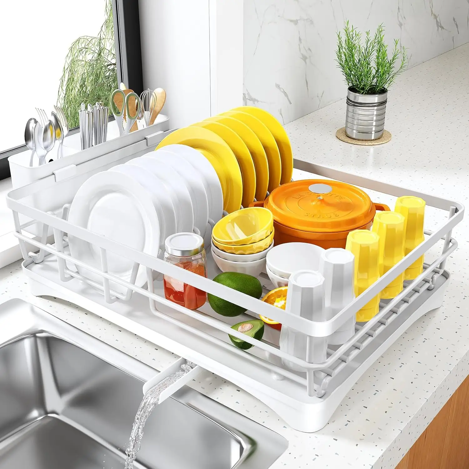 

Large Kitchen Dish Drying Rack with Drainboard and Utensil Holder, Rustproof White Sink Side Organizer