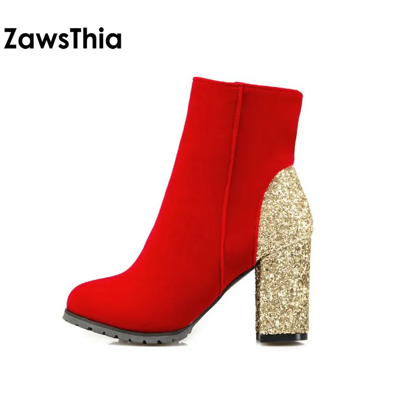 ZawsThia موضة الشتاء الذهبي الفضي الأحمر بلينغ بريق الأحذية كتلة عالية الكعب امرأة حذاء من الجلد الدافئة أفخم النساء الأحذية حجم 48