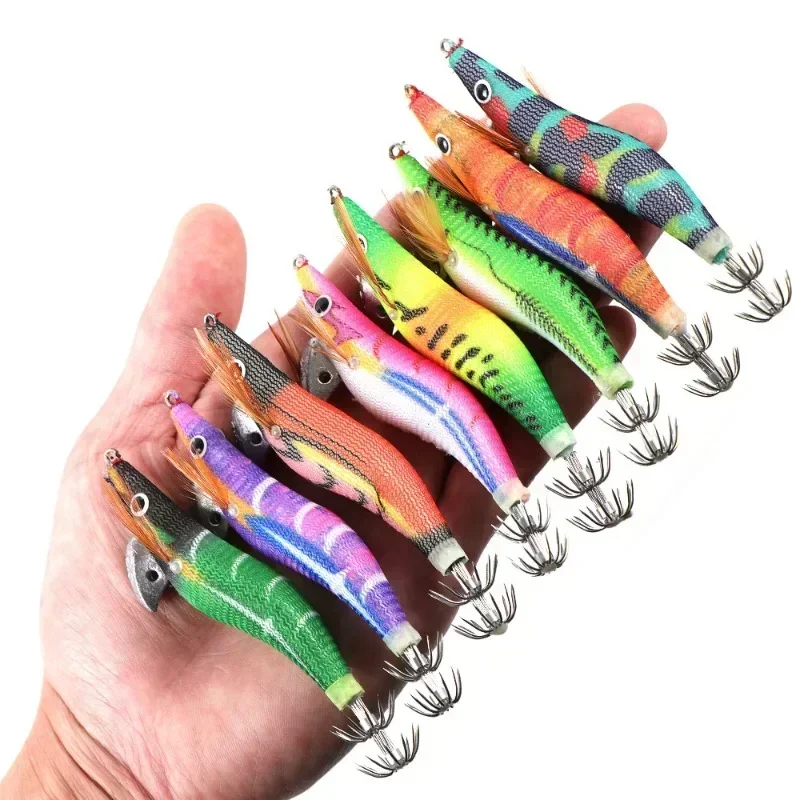 5PC 12g/14g/20g 2.5#/3.0#/3.5# Wooden Shrimp Fishing Lure Squid Jig Hook Luminous Bait Wobbler for Fishing Octopus Cuttlefish