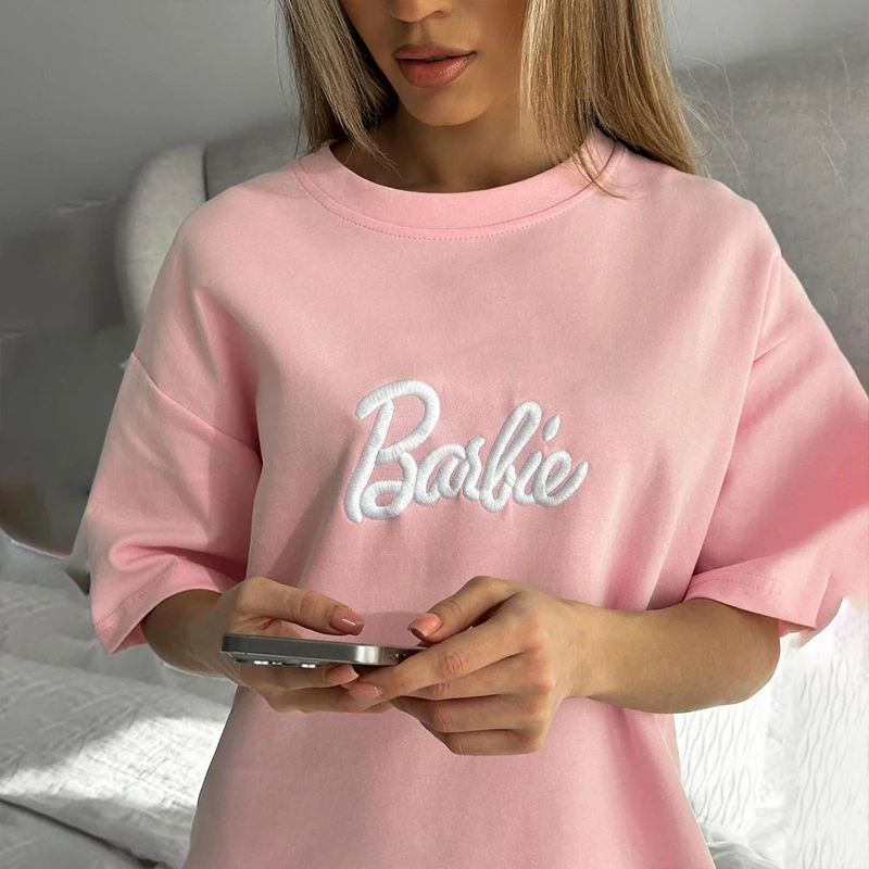 Barbie New 2024 New Women\'s Cotton T-Shirt Loose Summer Short-Sleeved Cartoon Embroidered Top Versatile Casual Girls Clothing