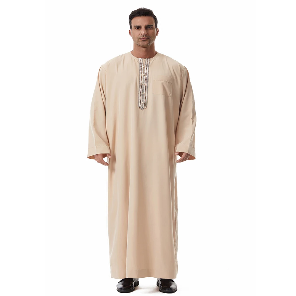 Oem الشرق الأوسط الرجال Thobe الملابس الإسلامية طويلة الأكمام الدانتيل طاقم الرقبة Thobe Thawb القفطان العربية دبي تنفس الصلاة الرجال Thobe