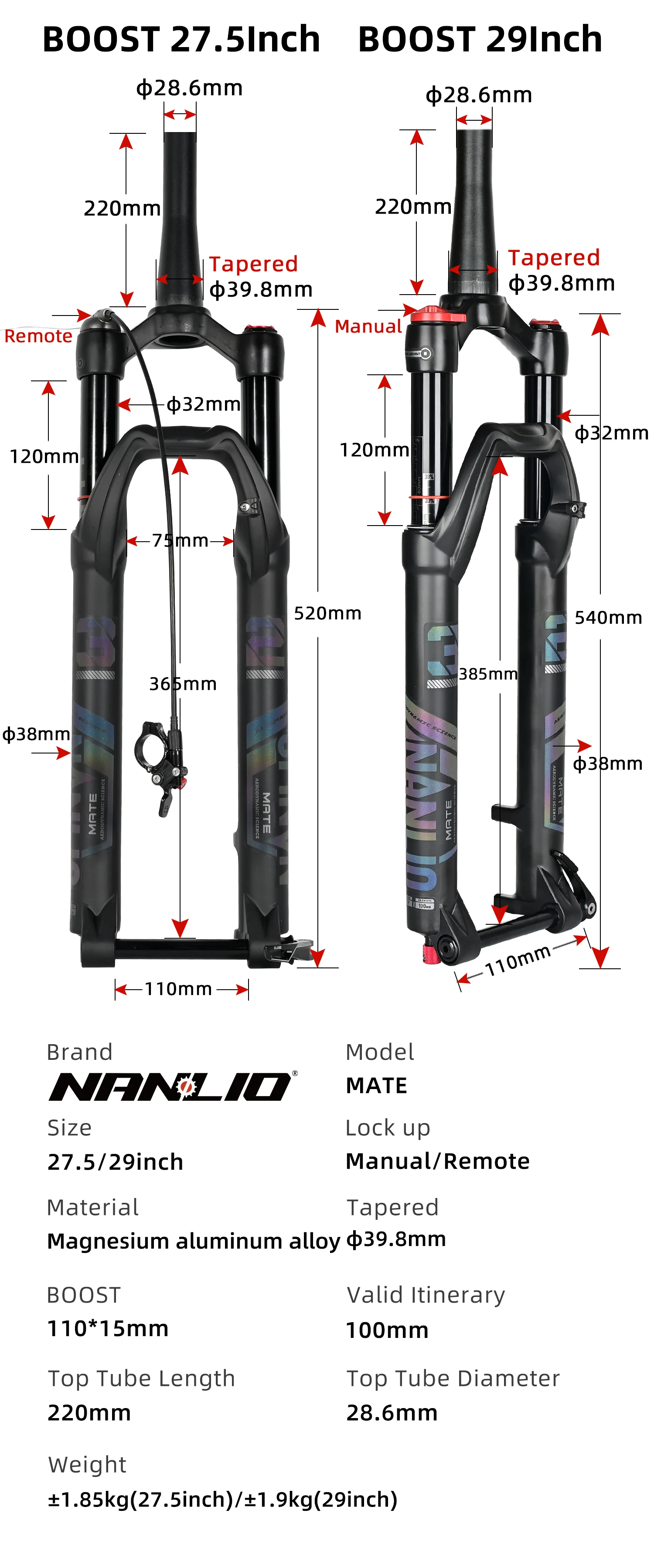 NANLIO X7 Fahrrad-Luftgabel, Rückprall-Einstellung, 26/27,5/29 Zoll, gerade/konisch, RL/LO MTB-Fahrradgabel, 120 140 mm, Reisen – Detail 6