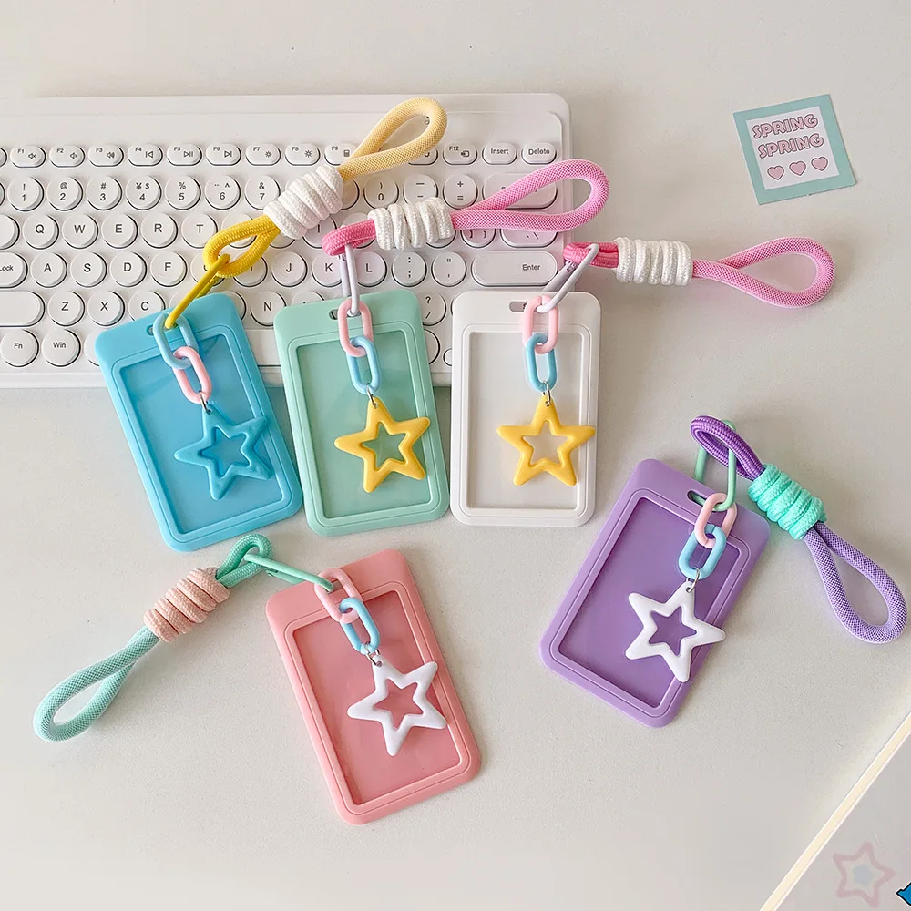 1Pc Cartoon Star Card Holder Candy Color ID Card Sleeve Keychain Hand Rope Identity Credit Cover Case Bank Bus Card Case