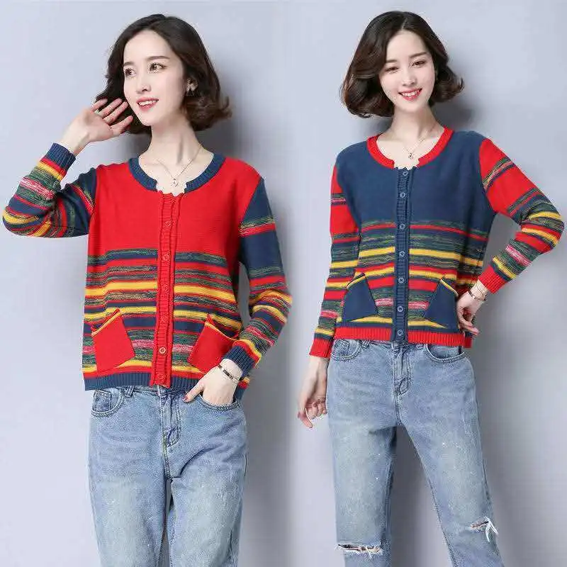 Y2K Women\'s Cardigans Knitted Sweaters Autumn Winter Fashion Female Button Striped Loose Vintage Casual Long Sleeve Coats Tops