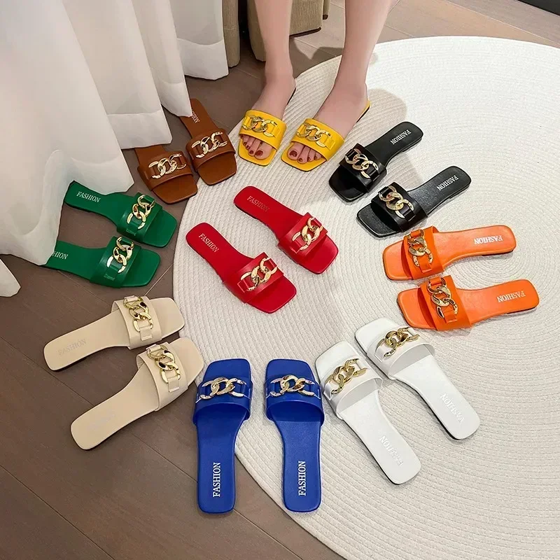 Summer Fashion Modern Slippers Women Flat Pleated Solid Leather Chain Decoration Rubber Sole Sexy Slides Ladies Summer Footwear