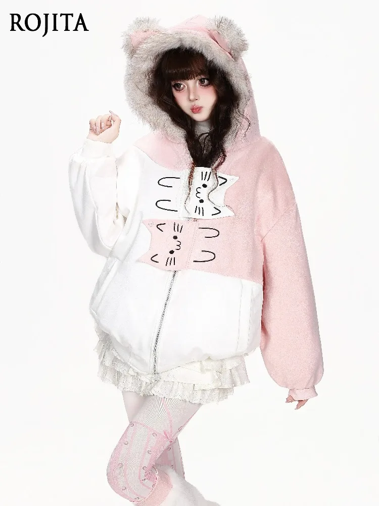 Cute Cartoon Cat Print Hoodie Coat Ladies Oversized Long Sleeve Winter Outwear Girls Loose Hooded Cotton Jacket Top