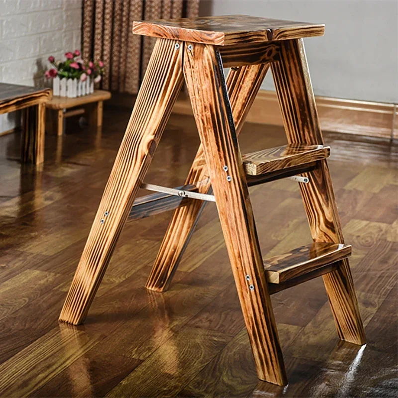 Folding High Stool For Home Use Space-saving Solid Wood Dining Table Portable Kitchen Utility Chair Ascending Footstools