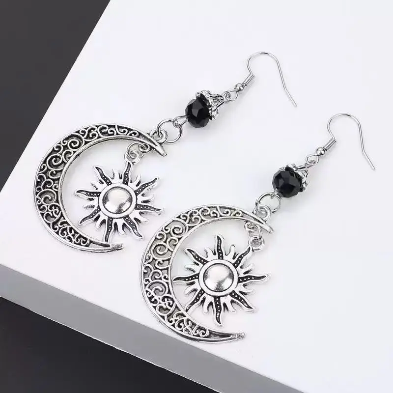 Brinco gótico estilo escuro, lua, sol, pentagrama, crescente oculto, bruxa wicca, brincos pendurados para mulheres, homens, joias góticas artesanais, presente