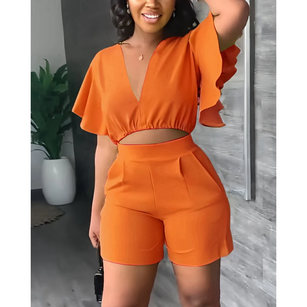 

Women V Neck Ruffle Short Sleeve Crop Top & Shorts Set Casual Summer Two Pieces Suit Sets Women Outfits Set Summer 2 Piece