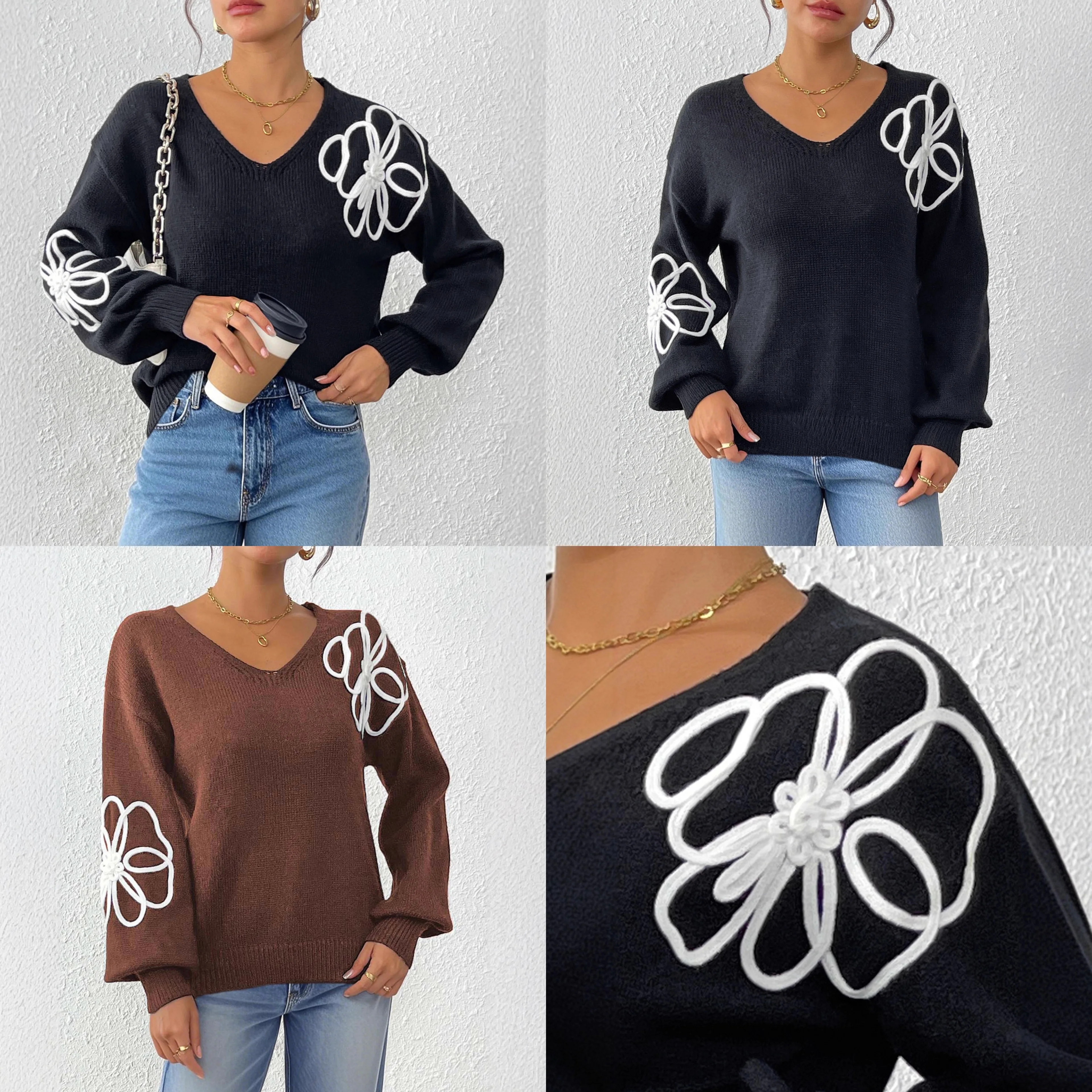 Damen-Bluse mit Blumenstickerei, Bandverzierung, Unregelmäßiger Pullover mit V-Ausschnitt, Frühling-Sommer Strickware, T-Shirt-Blusen