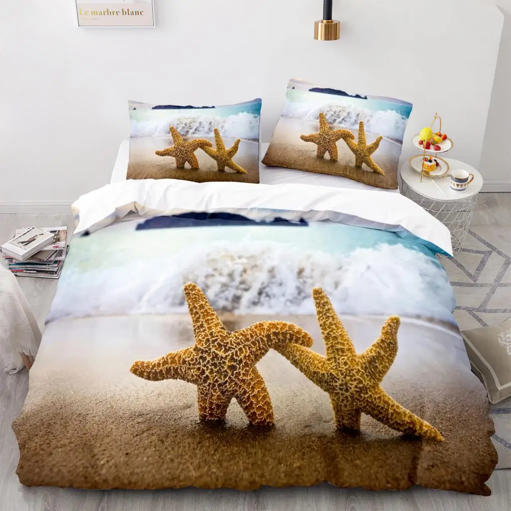 

Starfish Duvet Cover King Queen Blue Ocean Bedding Set Beach Seaside Quilt Cover Sea Animal 2/3pcs Polyester Comforter Cover