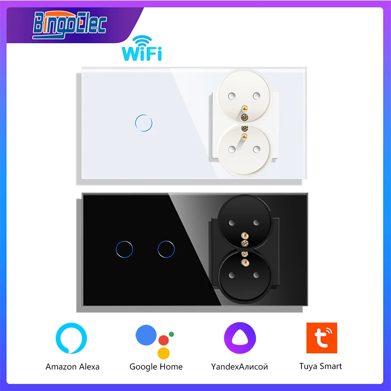 bingoelec wifi interruptor inteligente com frances normal dupla tomada de vidro painel parede interruptor de luz toque interruptor google alexa tuya 01