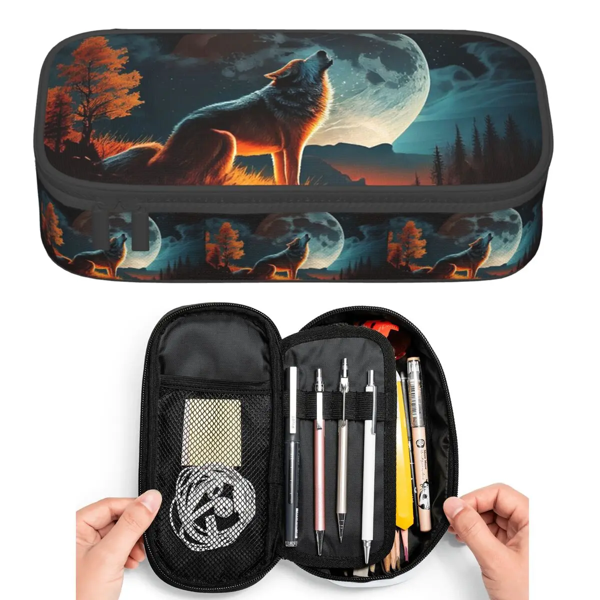 

Howling Wolf Under The Moonlight Print Pencil Cases for Student Pen Box Pencil Bag Big Capacity Pencil Pouch Pen Holder