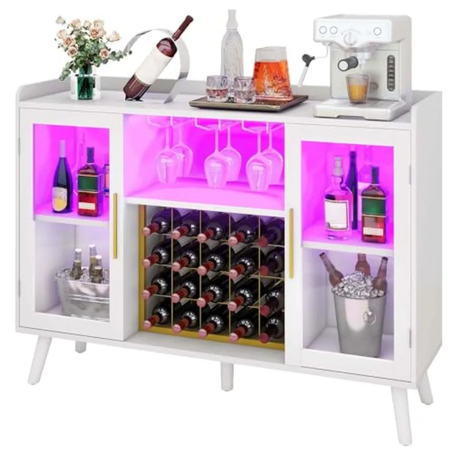 Mueble Bar para 53 Botellas con Luces LED y Tomas de Corriente para Licores y Copas, Aparador Moderno Blanco con Almacenamiento para Cocina