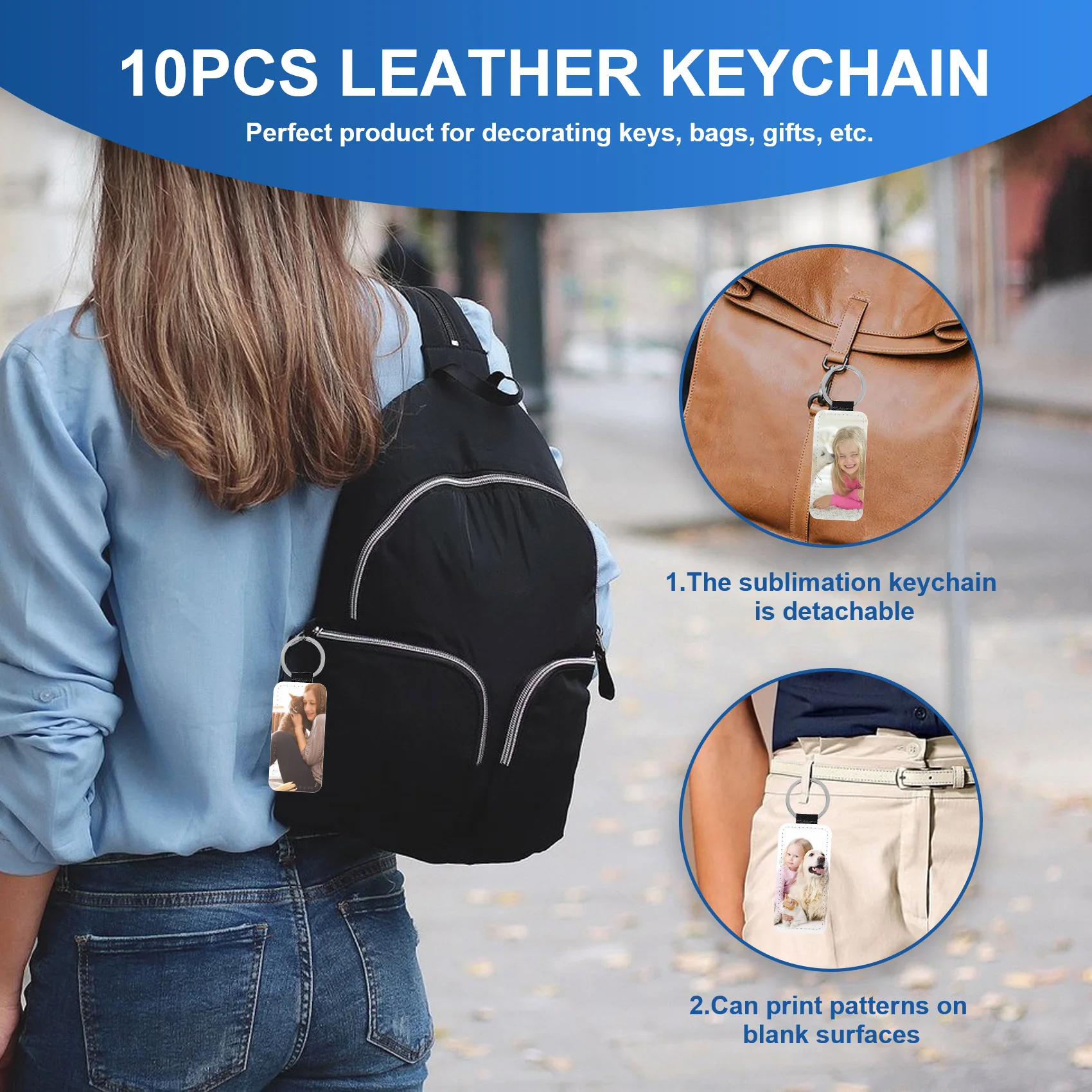 10Pcs Leather Keychain Blank Rectangle MDF Keychain Sublimation Heat Transfer Keychain Kit Jewelry Making