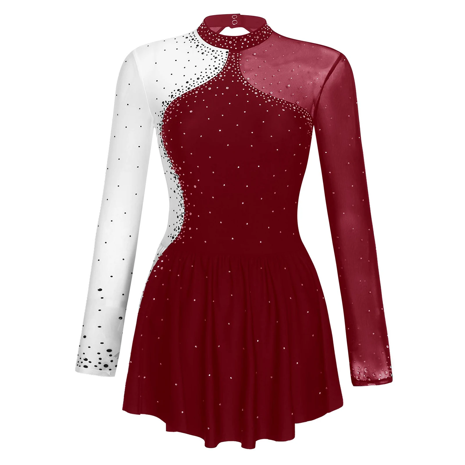 Women Sparkly Rhinestone Figure Skating Dance Dresses Long Sleeve Color Block Hollow Out Back Built-in Briefs Patchwork Dresses