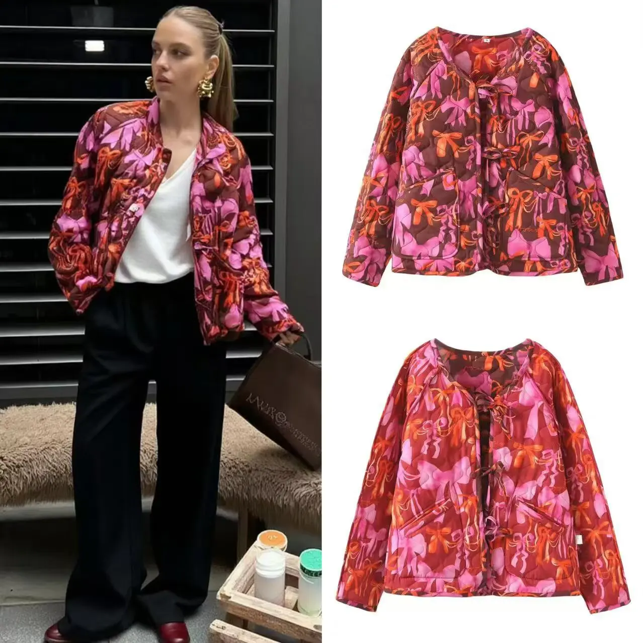 على الوجهين سترة مبطنة بالقطن ربطة القوس فيونكة الدانتيل يصل معاطف عادية الأزهار المطبوعة مبطن السترات النساء الخريف الشتاء معطف دافئ #6