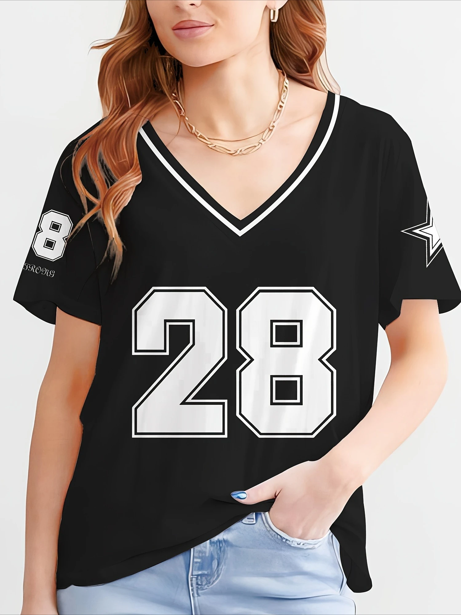 الصيف المرأة قصيرة الأكمام تي شيرت برقبة على شكل v تنفس 28 ياردة ستار الديكور نمط مريح وعصري وغير رسمي #2