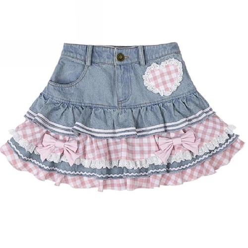 Faldas estilo Preppy Lolita Kawaii japonés dulce Mini mujeres Harajuku lindo vestido de baile Denim Skater Y2K faldas de pastel de encaje de cintura alta