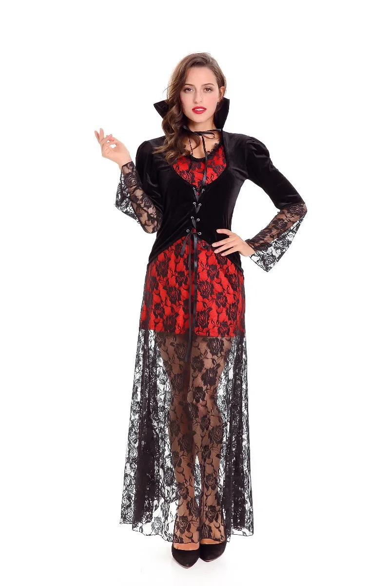 Disfraz de bruja de vampiro para mujer adulta, traje Sexy de encaje con cuello levantado para fiesta de Carnaval y Halloween