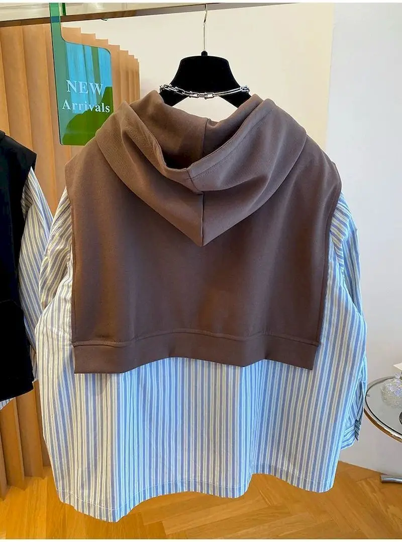 Oversized Hoodies Women Korean Loose Hoodie Fashion Striped Shirt Patchwork Hooded Coats Fake Two-piece Tops Spring Autumn Trend
