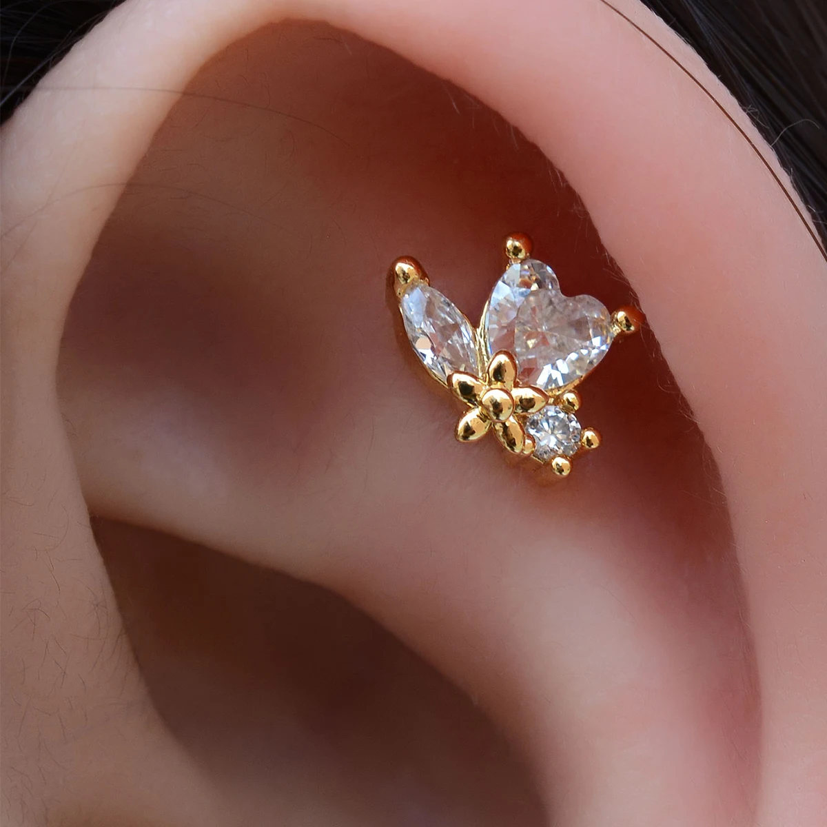 1PC Pendientes de acero inoxidable con circonitas cúbicas de geometría para mujer, aretes de mariposa de moda para lóbulo, hélice, cartílago, joyería plana para piercing 20G