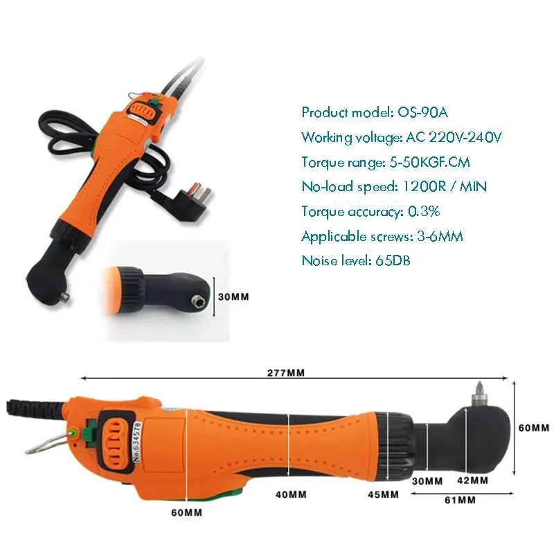 1 PC 1/4 Interface, 1200r/min High Torque Screwdriver,90 Degree Corded Electric Screwdriver 220V with Hex Bits, Carbon Brushes
