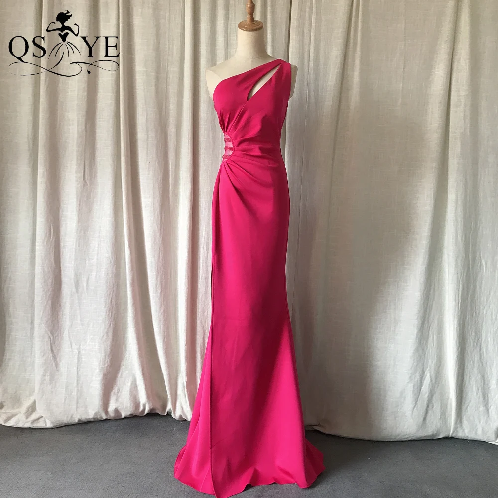 

One Shoulder Magenta Prom Dresses Sexy Split Party Gown Formal Beaded Waistline Elegant Ruched Woman Evening Dress Bridesmaid