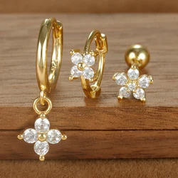 3PCS Simple Four Flower Zircon Little Hoop Earring Stainless Steel Star Cartilage Piercing Earring Set for Women Fashion Jewelry