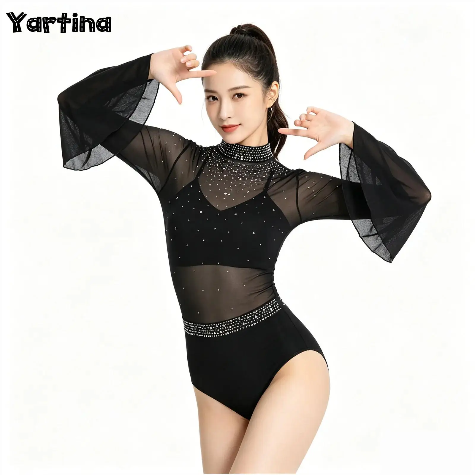 

Womens Sparkly Rhinestone Gymnastics Ballet Jersey Jumpsuit Artistic Figure Skating Dance Costume Sheer Mesh Leotard Bodysuit