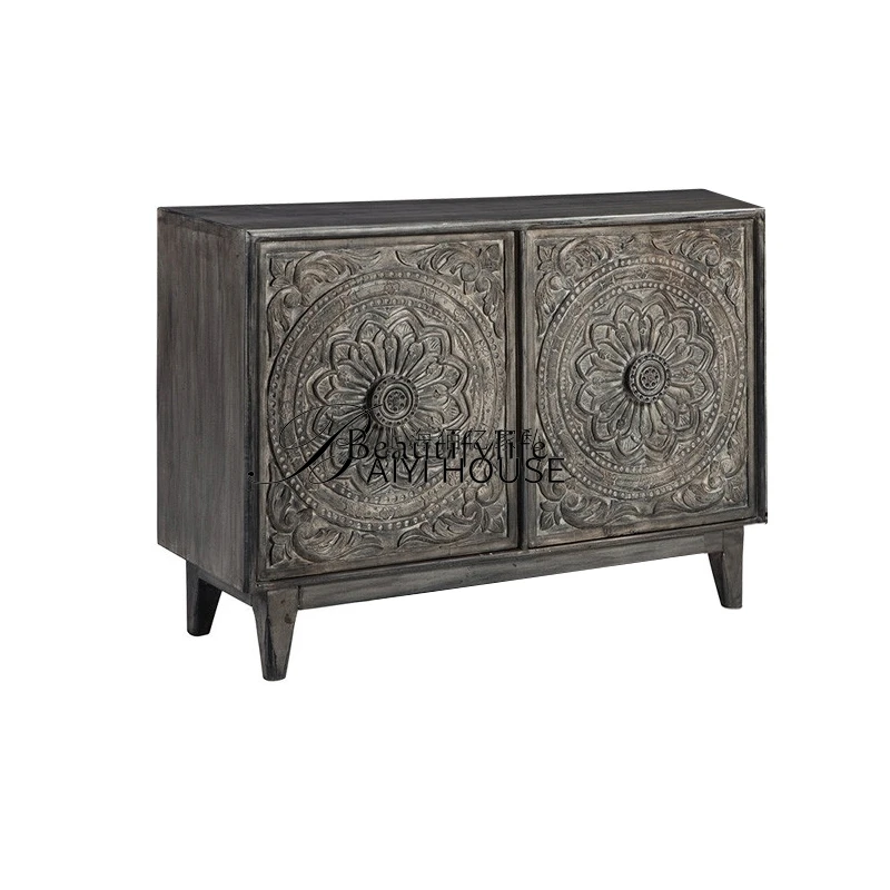 

French retro side cabinet, American country solid wood carving flower living room locker
