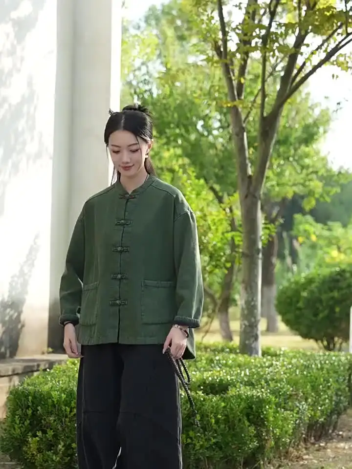 Оригинальное свободное короткое пальто Ramie Sand Fried Color Velvet Inside женское однобортное