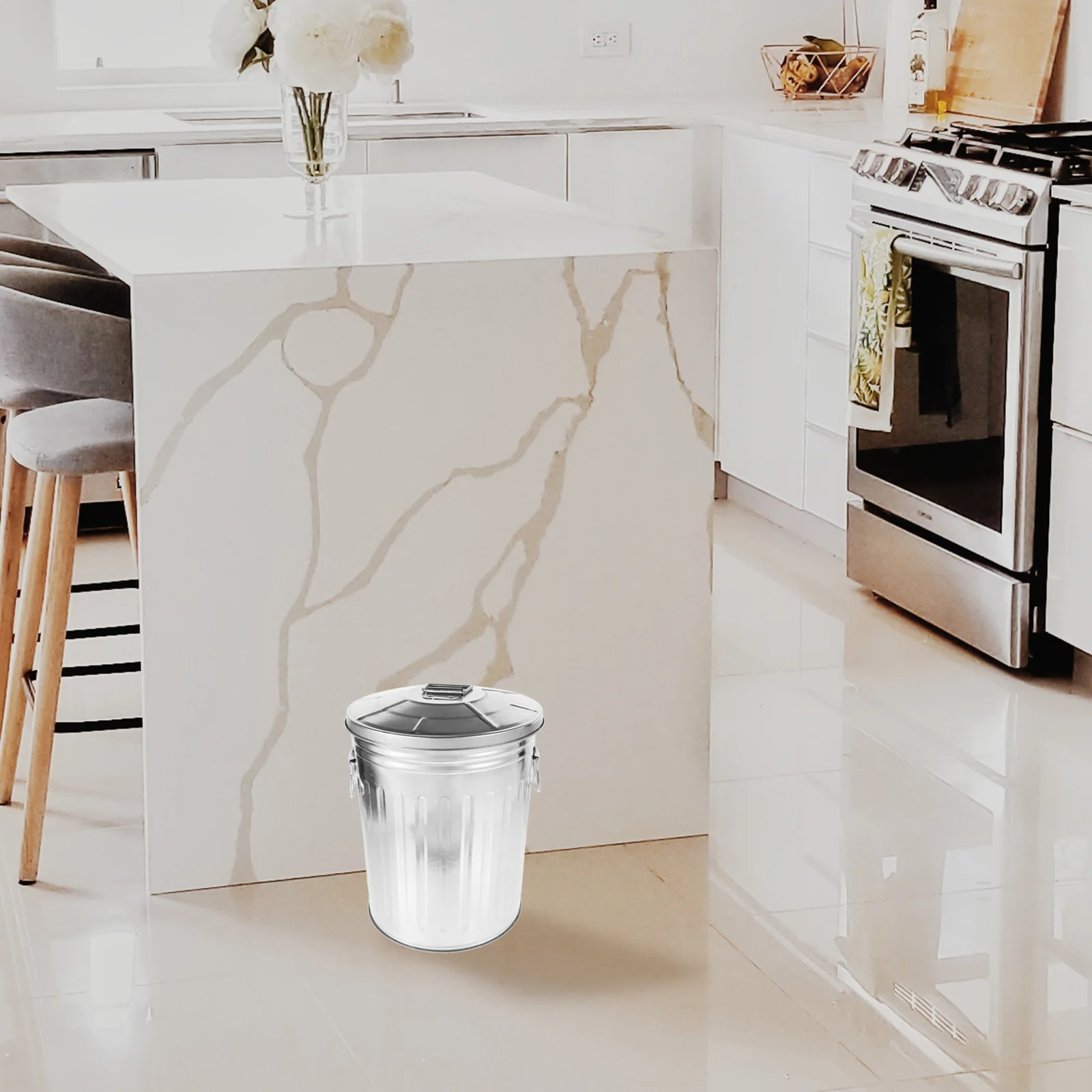 

Metal Trash Kitchen Garbage Can 8L Silver Kitchen Outdoor Bedroom Garbage Bin Waste Basket Large Capacity Storage