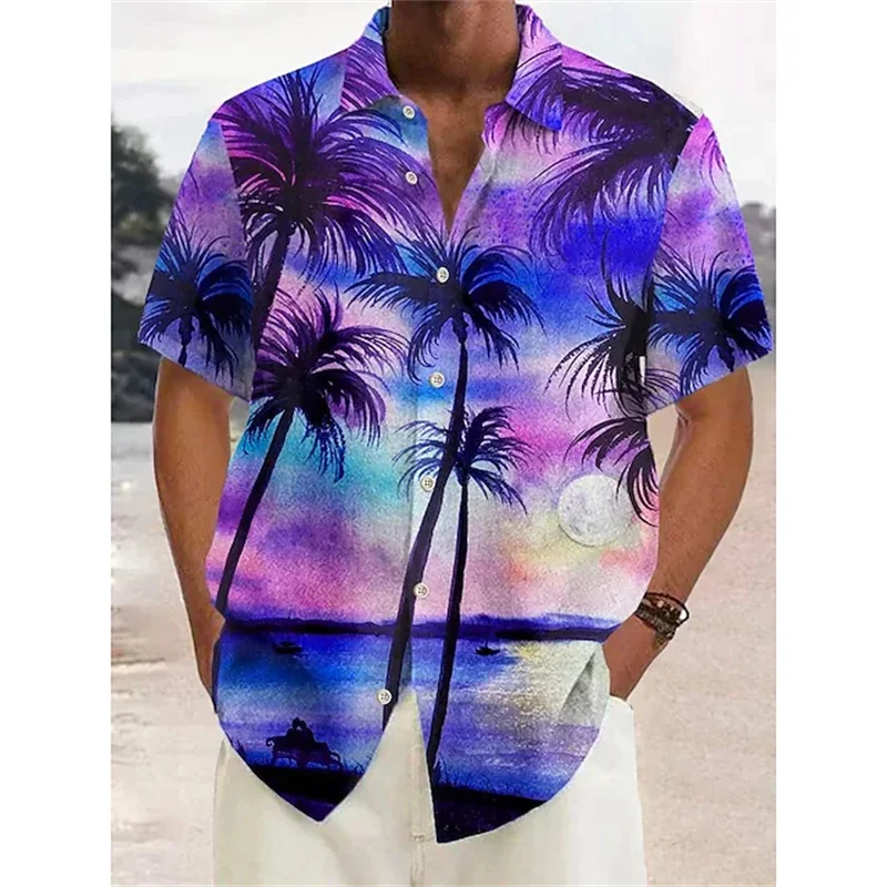 New Hawaiian shirt men\'s street shirt holiday casual short sleeve Harajuku coconut tree printed lapel men\'s oversized T-shirt